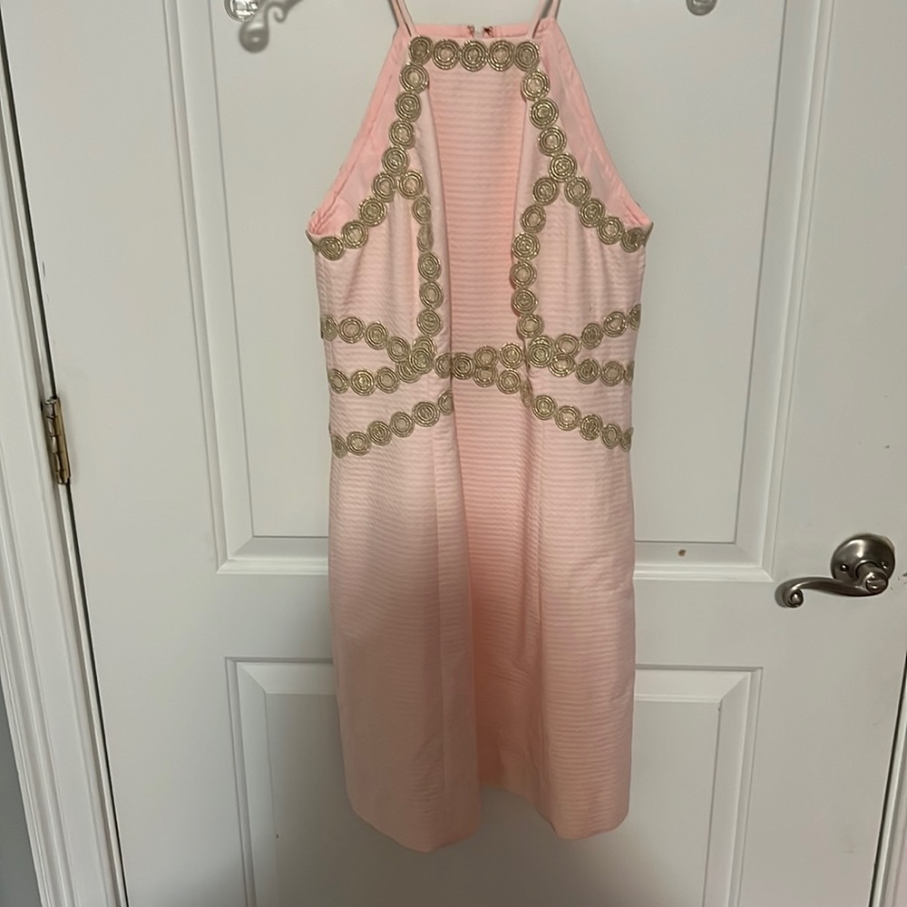 Lilly Pulitzer pink, and gold dress